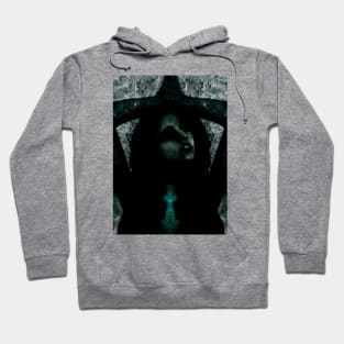 Portrait, digital collage, special processing. Beautiful but dark, like witch, woman. Tale. Dark green. Hoodie